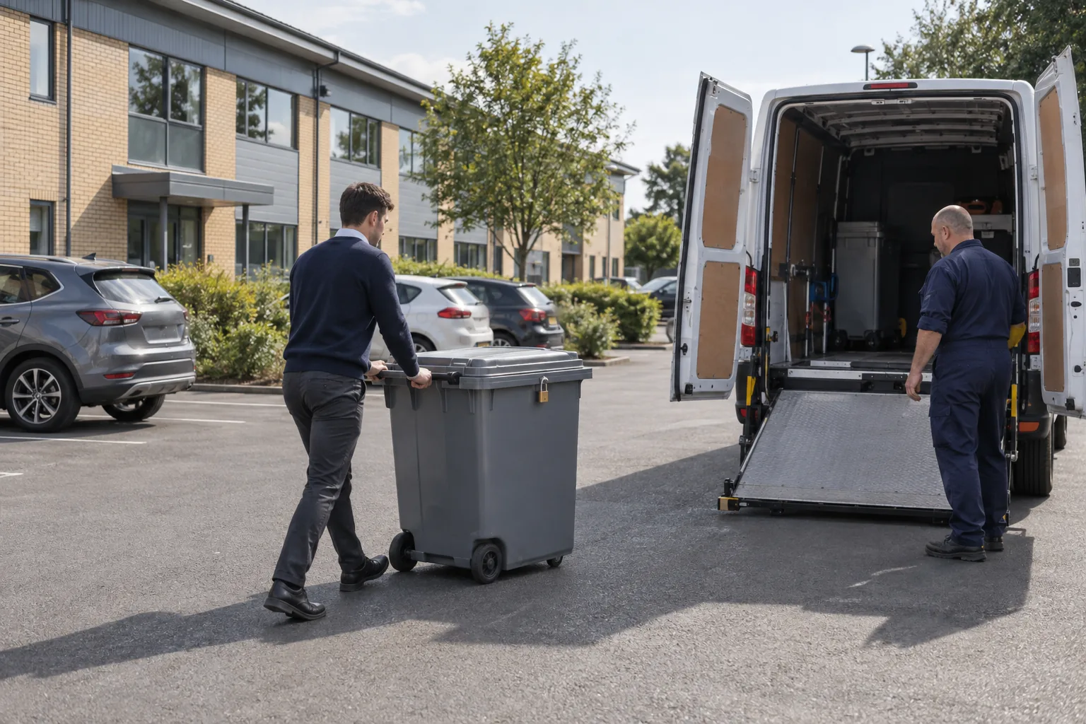 An HR officer from a charity’s regional office wheels a locked confidential-waste bin across a car park towards a shredding van on a bright morning