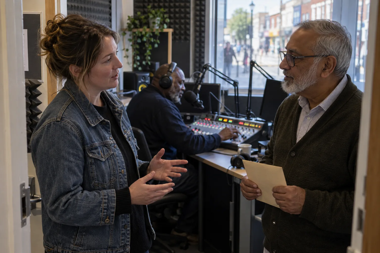 In the small studio of a community radio charity, the station manager and the volunteer treasurer talk in the doorway while a volunteer presenter works the mixing desk behind them