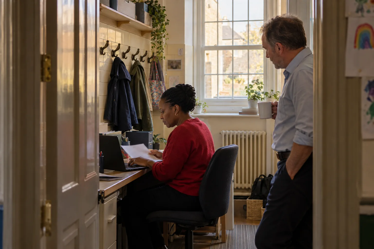 In a small rural primary school, the school business manager works at a laptop in an office converted from an old cloakroom, its iron coat pegs on the tiled wall above her still holding a couple of coats, as the headteacher stands in the doorway with a mug