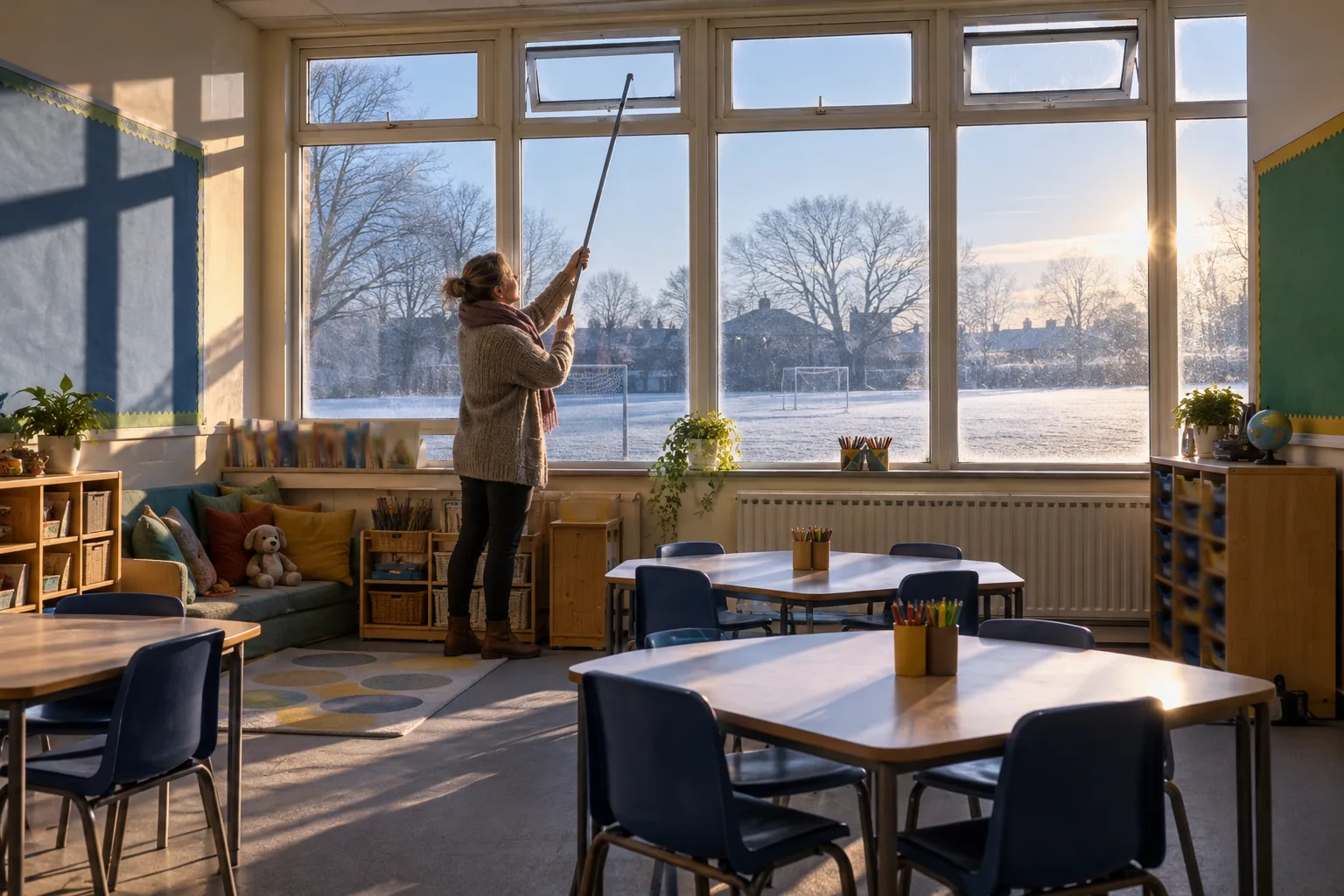 On a cold, bright morning, a teaching assistant opens the high windows of an empty infant classroom with a window pole to air the room before the pupils arrive