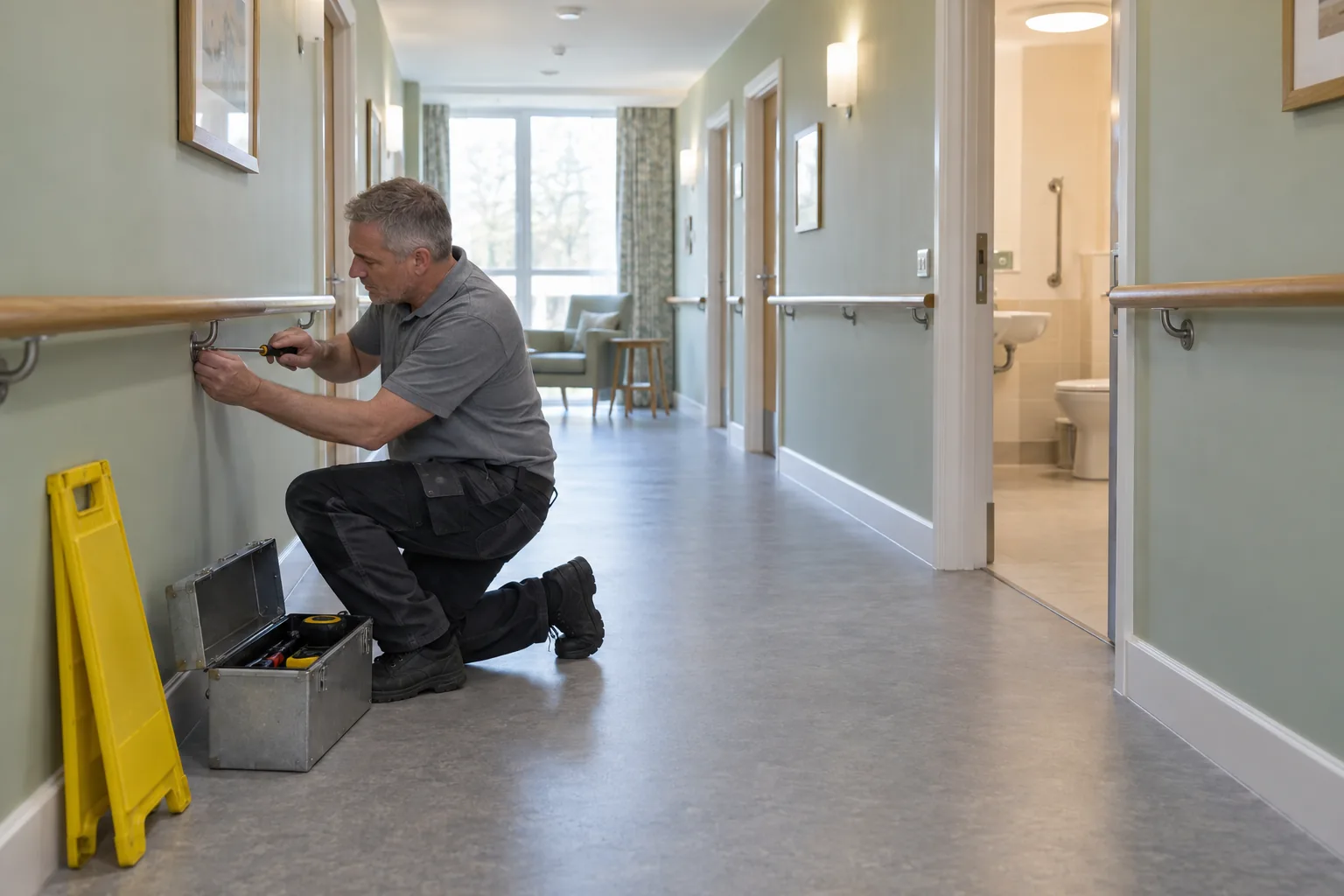 A maintenance worker tightens a handrail bracket in a care home corridor mid-morning, toolbox open on the floor