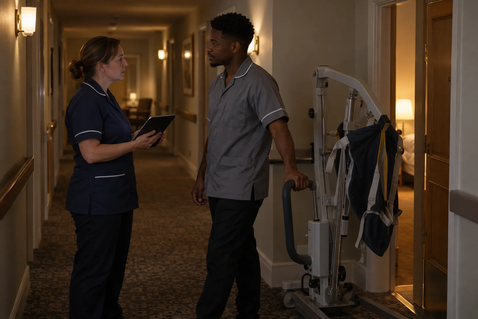 A nurse in charge and a care worker confer quietly beside a parked hoist in a care home corridor at night