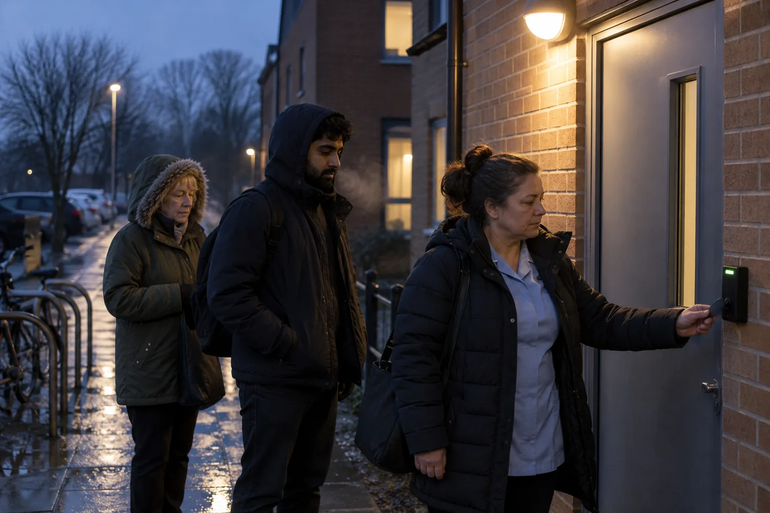 Before dawn on a winter morning, care workers arriving for the early shift touch a key fob to the reader at a care home’s staff entrance