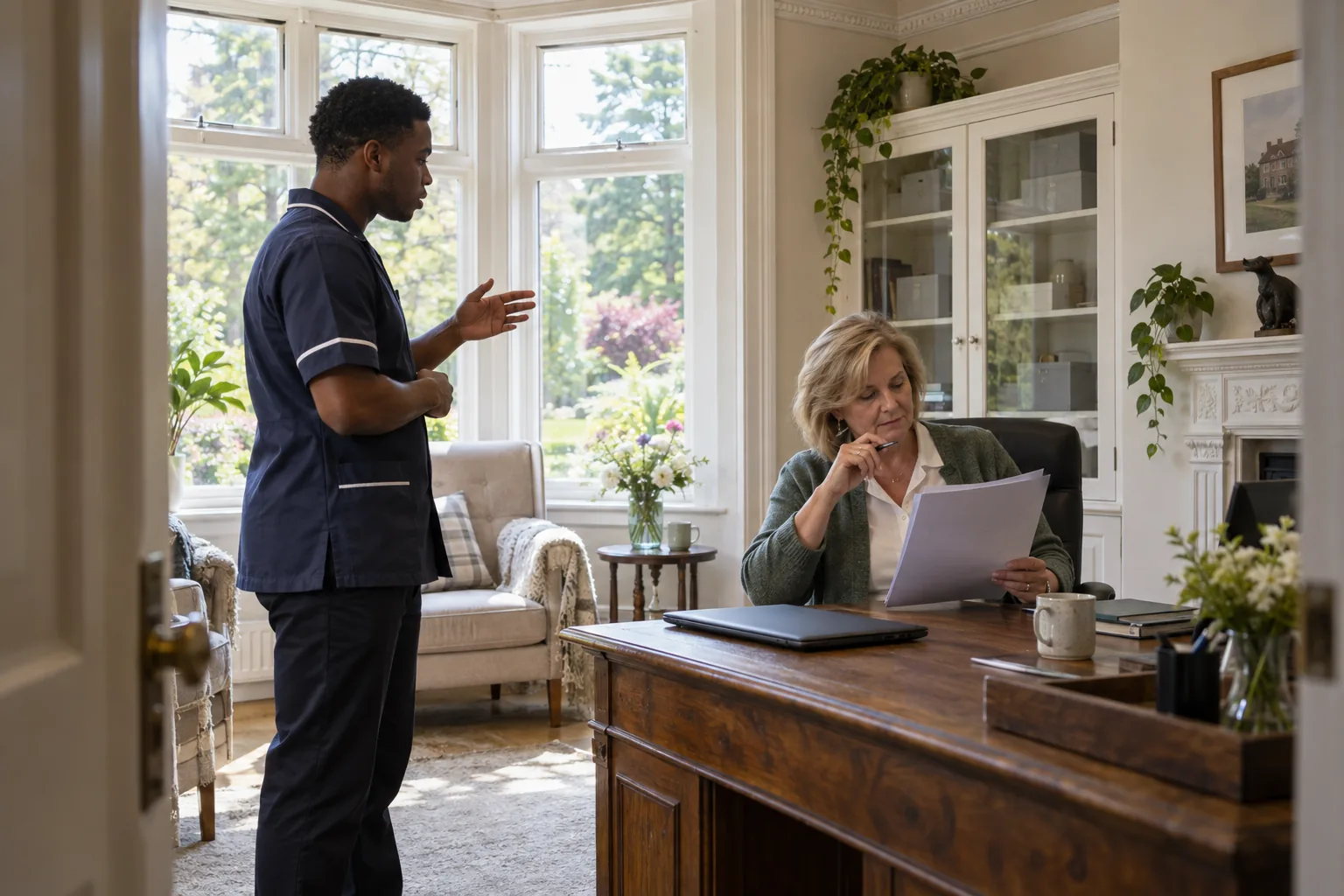 In the bay-windowed office of an Edwardian villa care home, the registered manager reads through a printed draft policy while the deputy manager stands by the window explaining a change
