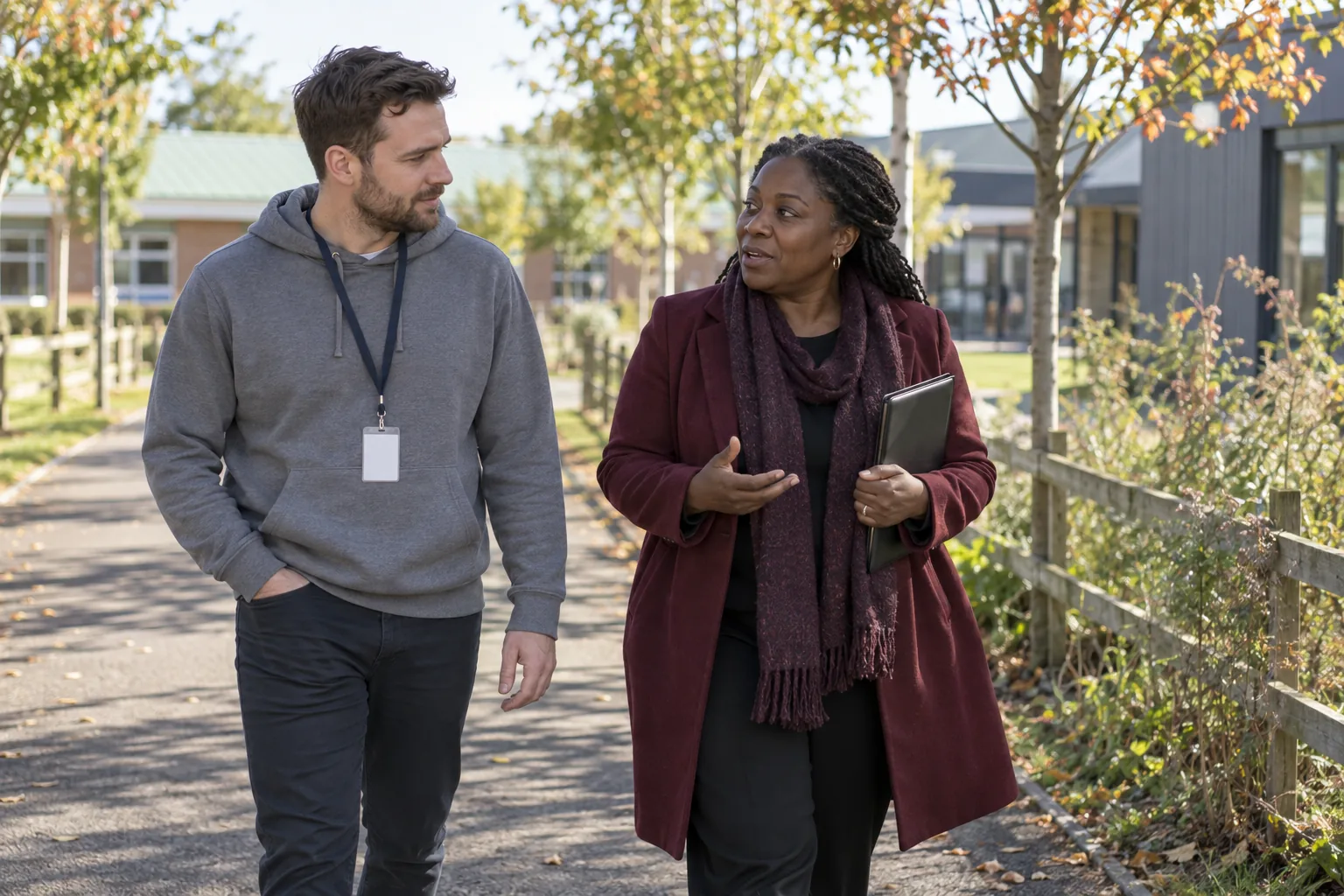 A family support worker and a school SENCO walk along a leafy path between a school and a family hub on a bright morning
