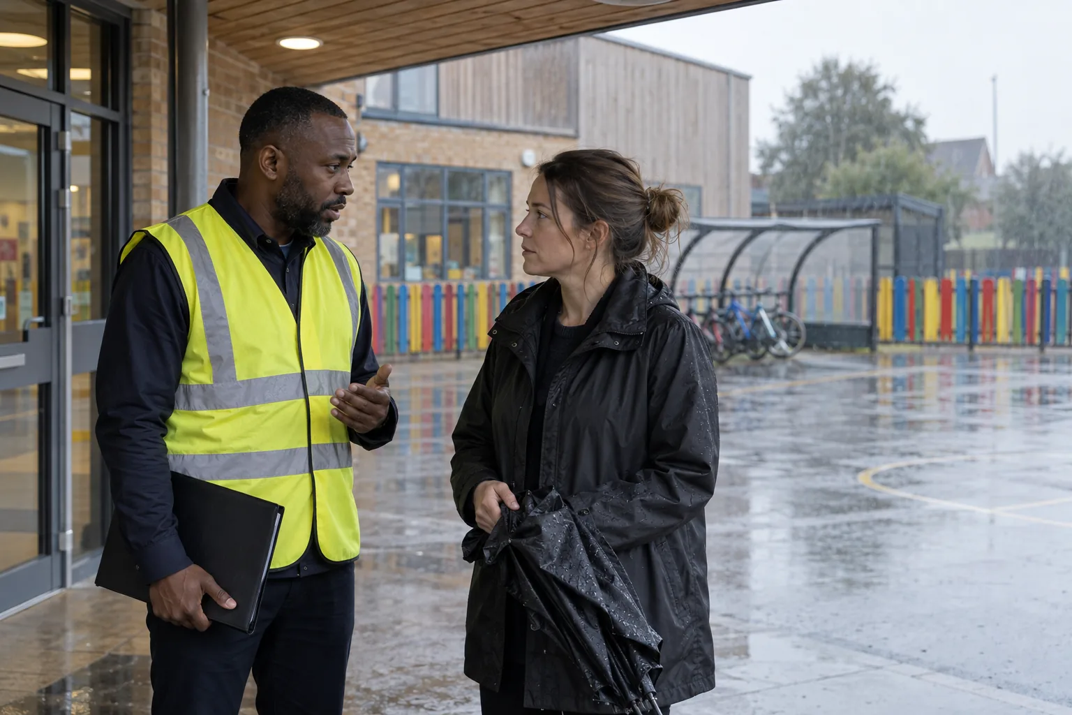 A designated safeguarding lead in a plain hi-vis tabard talks with a visiting social worker under a primary school's entrance canopy in light rain