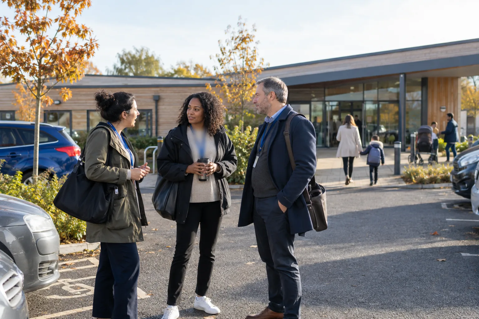 A health visitor, a family support worker and a school pastoral lead talk in the car park of a family hub on a bright autumn morning, lanyards and bags over their shoulders