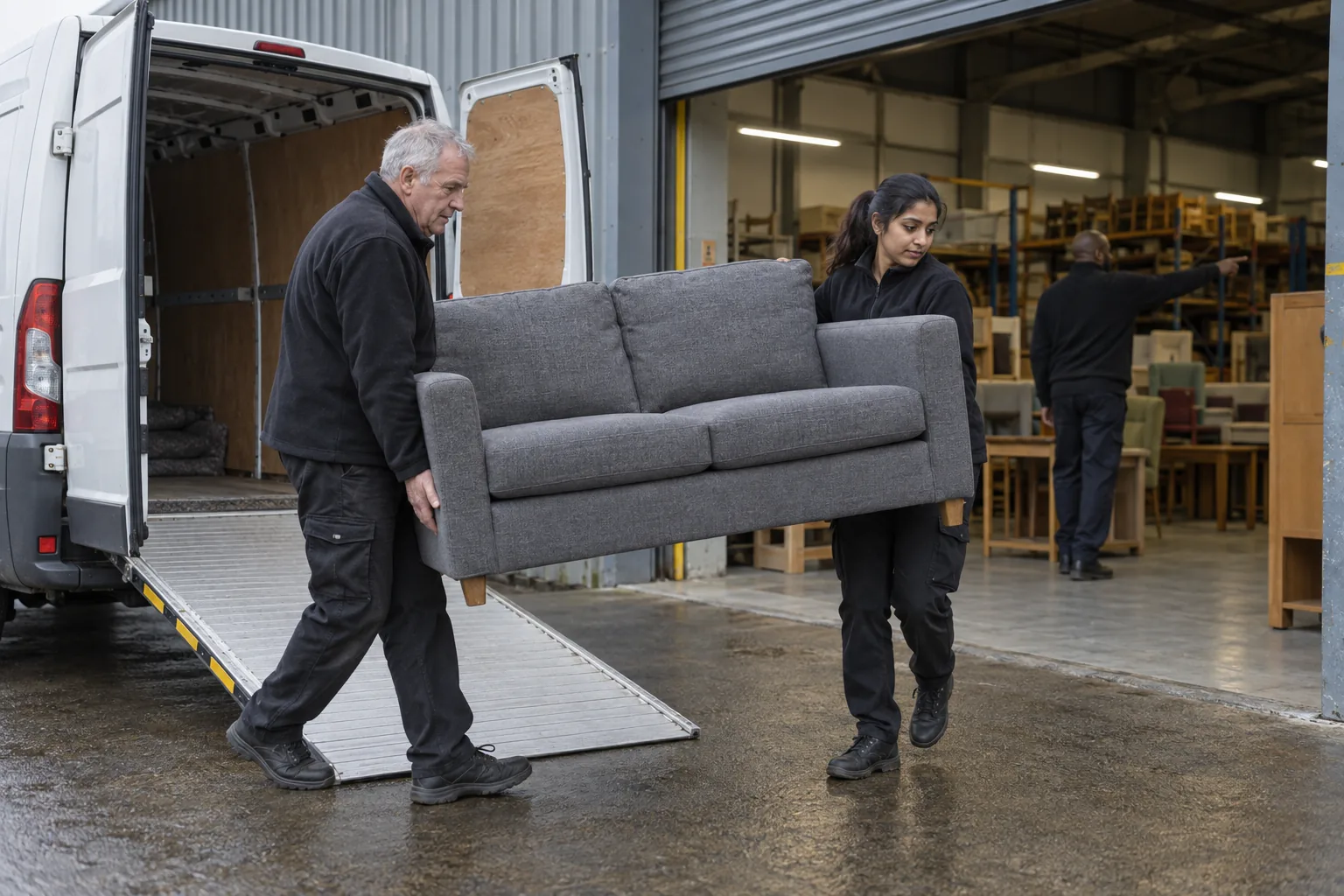 Volunteers unload donated furniture from a van outside a community reuse warehouse on an overcast afternoon