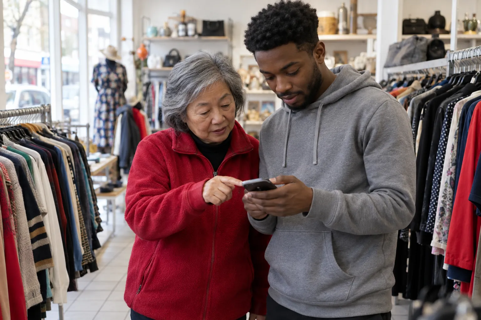 Two charity shop volunteers checking a message on a phone between clothes rails in a bright high-street shop