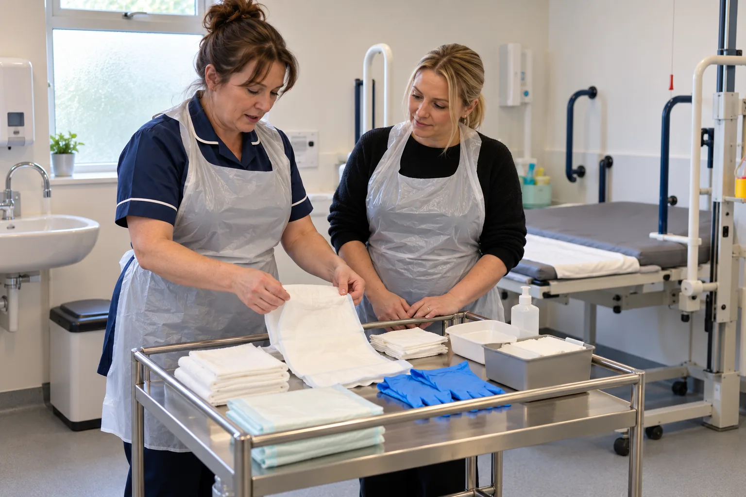 In a primary school's accessible hygiene room with grab rails and a height-adjustable changing bench, a school nurse shows a teaching assistant how to set out a continence care kit on a clean steel trolley, both wearing disposable aprons, afternoon light through frosted glass