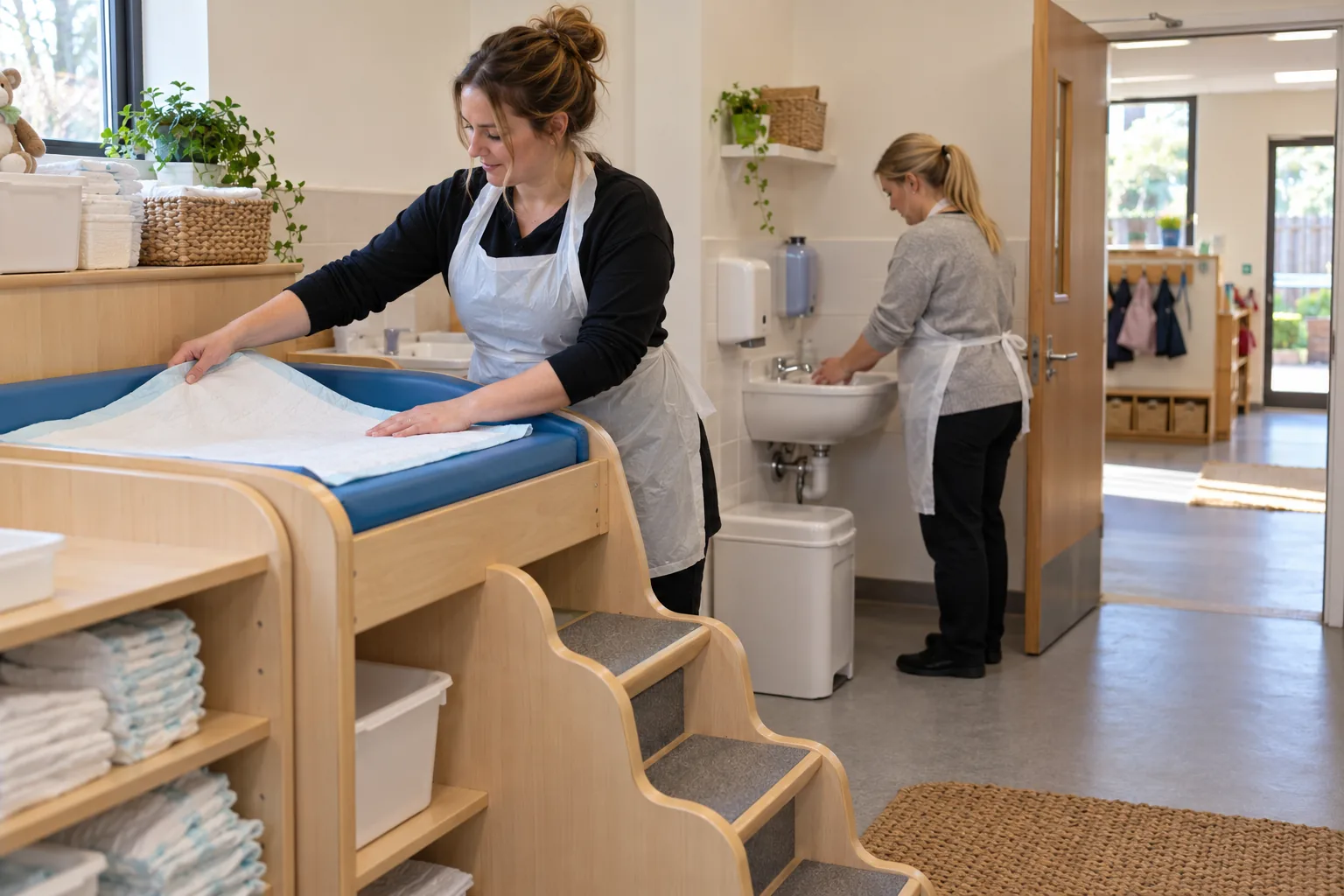 In a bright nursery changing room in England, an early years practitioner in a disposable apron lays a fresh mat on a padded changing unit with built-in steps while a colleague washes her hands at a low wall-mounted basin, the door open to the corridor, soft morning light