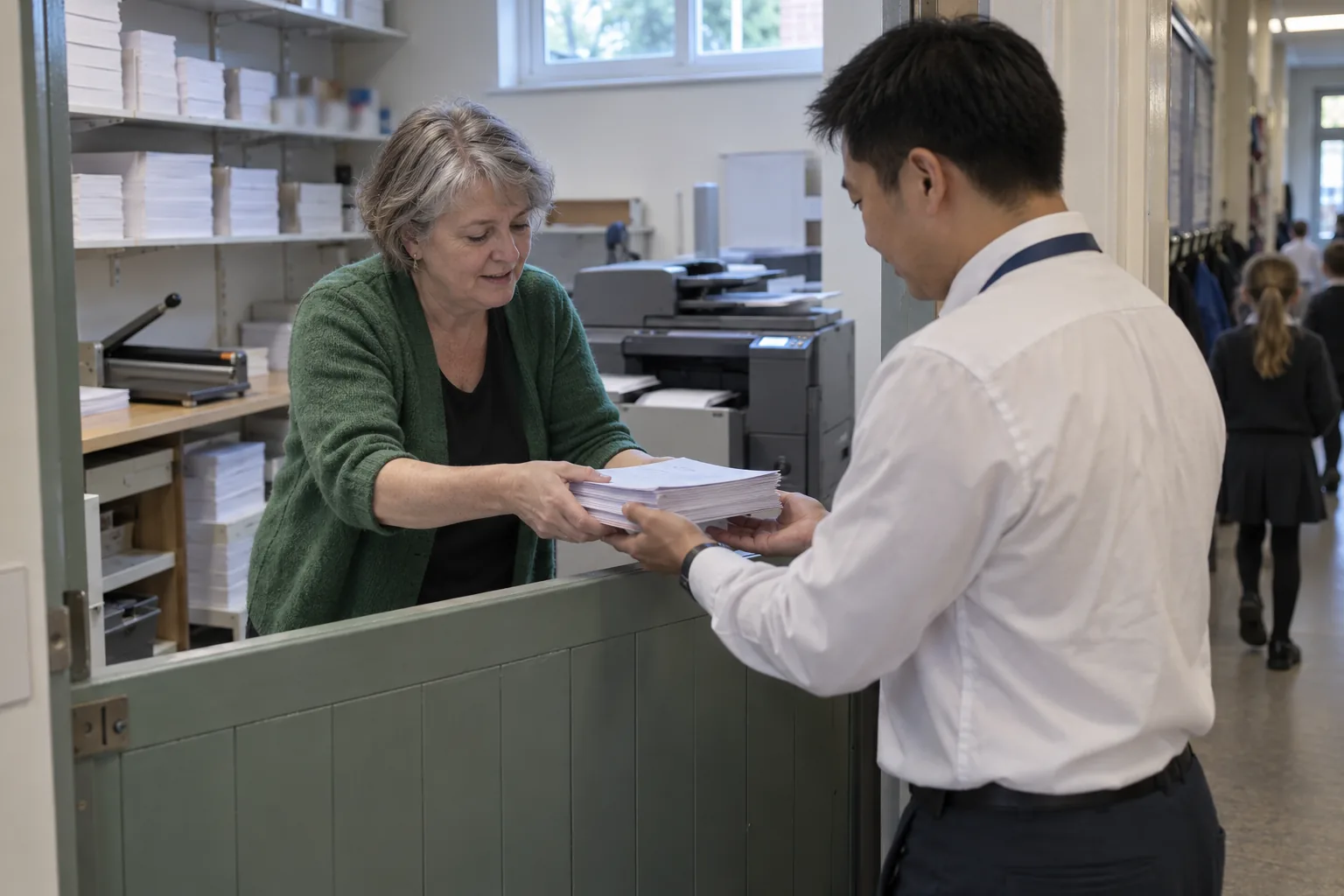 Through the open half-door of a school reprographics room, the reprographics assistant passes a stack of freshly printed booklets to the designated safeguarding lead, a large copier working behind her