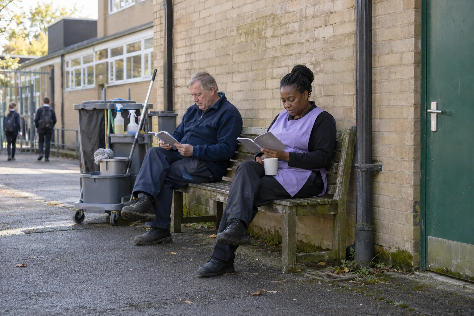 A school caretaker and a cleaner read printed booklets on a bench beside the boiler-house door during a mid-morning break, a cleaning trolley parked beside them