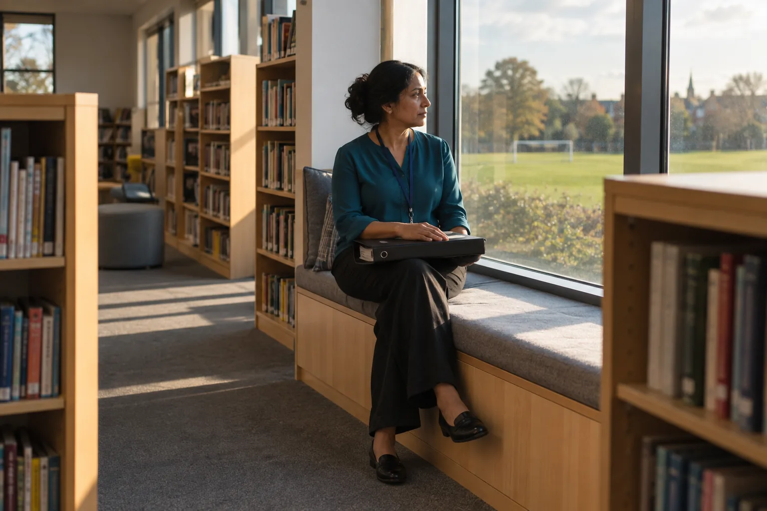 A designated safeguarding lead sits in a window seat of a quiet school library with a closed lever-arch file on her lap