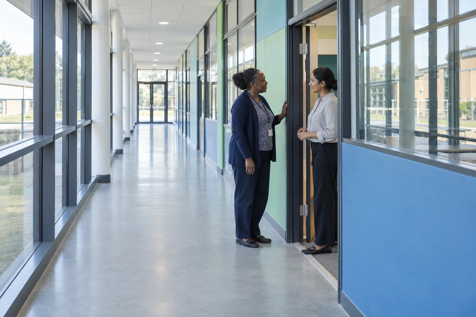 Two school colleagues speaking at a doorway along a bright glazed corridor.