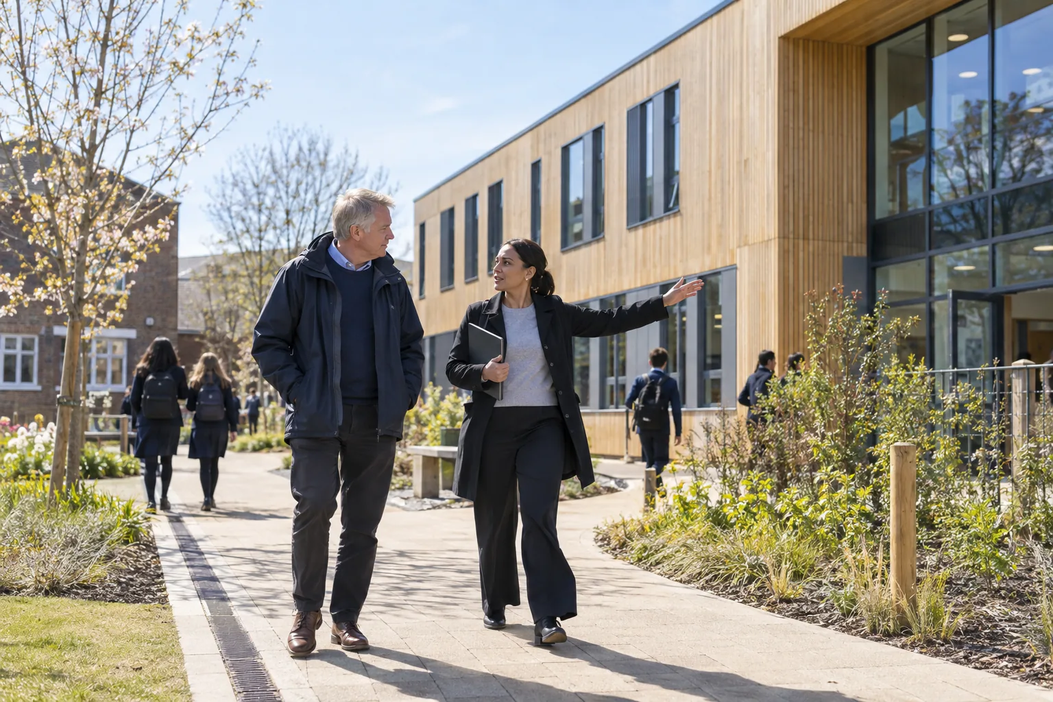 A local governor in a waterproof jacket is shown round a secondary school's new science block by a member of staff on a bright spring morning, both walking along an outside path between buildings
