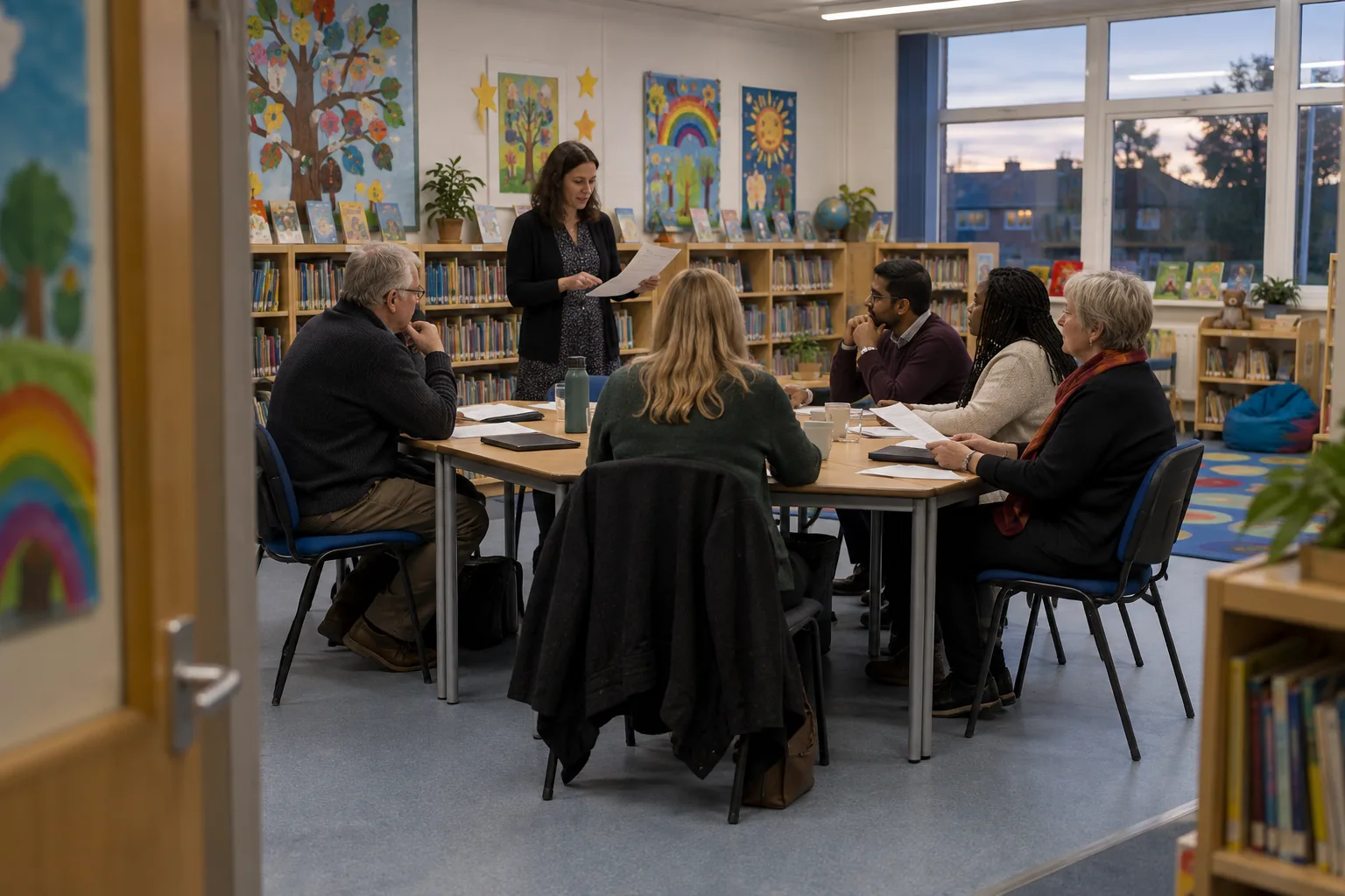 Five local governors of different ages sit around pushed-together tables in a primary school library after hours, low bookshelves and children's artwork around them, the headteacher standing to present from a printed report