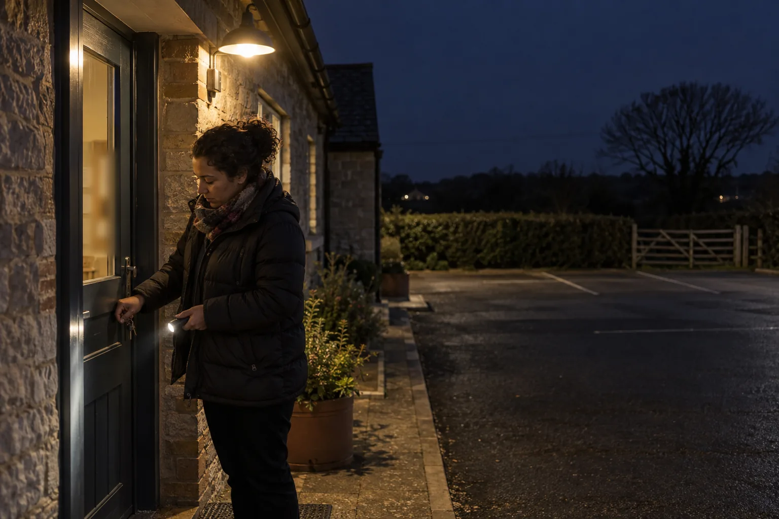 A charity outreach worker locks the side door of a village community centre after an evening session, torch in hand, an empty car park and hedgerows beyond