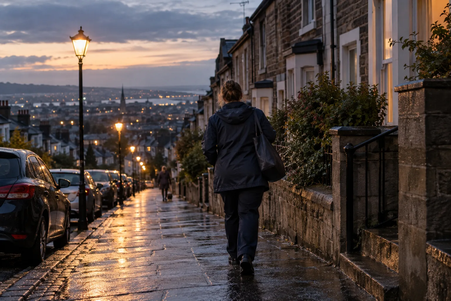 A home care worker in a dark raincoat walks along a wet terraced street at dusk towards her next visit, street lamps lit and the town below, seen from a little way behind