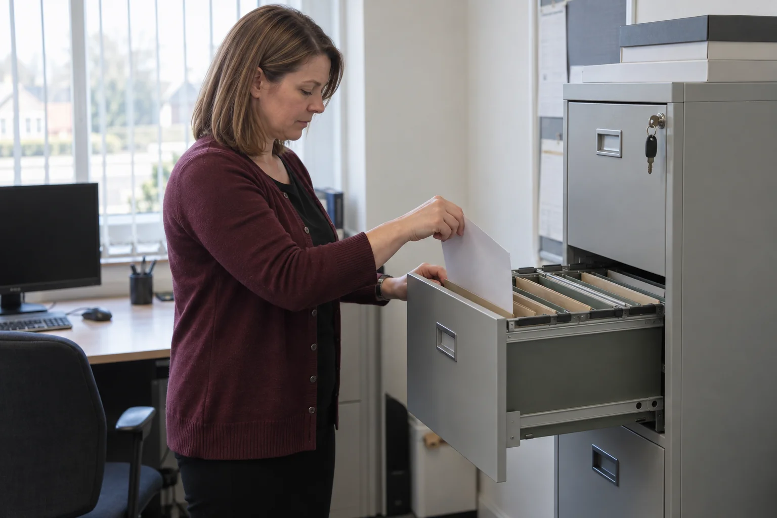 A member of staff places a sheet in a folder inside a steel filing cabinet