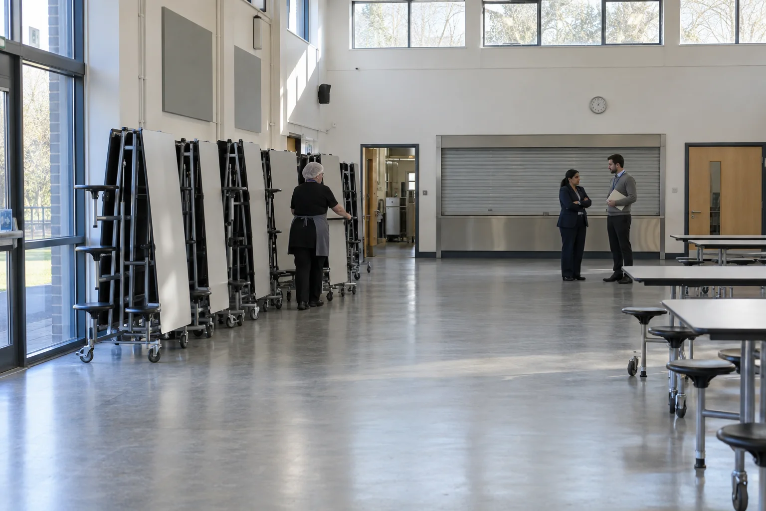 Two school leaders talk at the far end of an empty dining hall as tables are put away