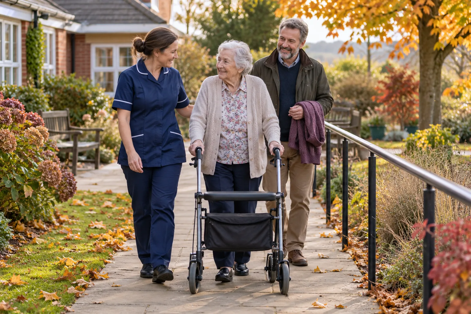 In a care home garden on a breezy autumn afternoon, a senior care worker walks at an older woman's pace as she uses a walking frame along a wide, level paved path beside a handrail, while the woman's middle-aged son follows a step behind carrying her cardigan