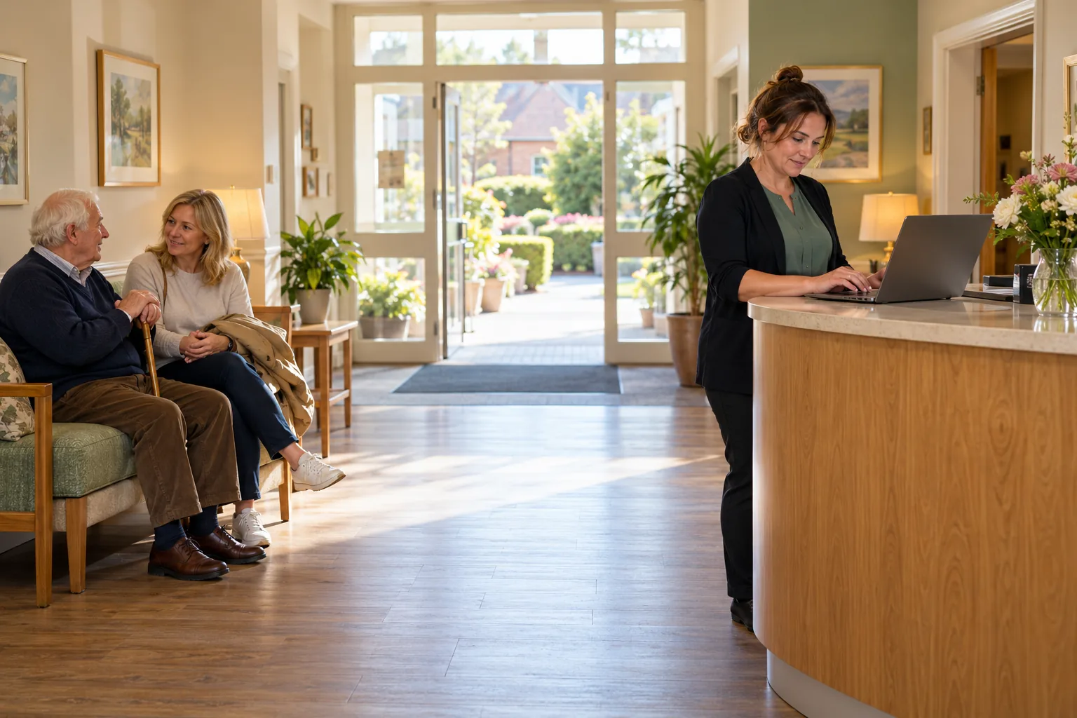 In the bright entrance hall of an English care home on a weekday morning, a deputy manager stands at the reception counter reading a laptop screen angled away from the camera, while across the hall an older man and his adult daughter wait on a cushioned bench, her coat folded over her arm