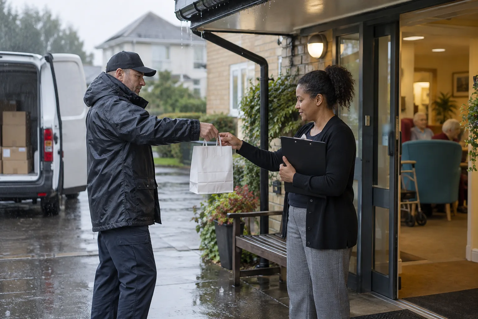 A pharmacy delivery driver hands a sealed bag of medicines to a care home deputy manager at a side door in the rain