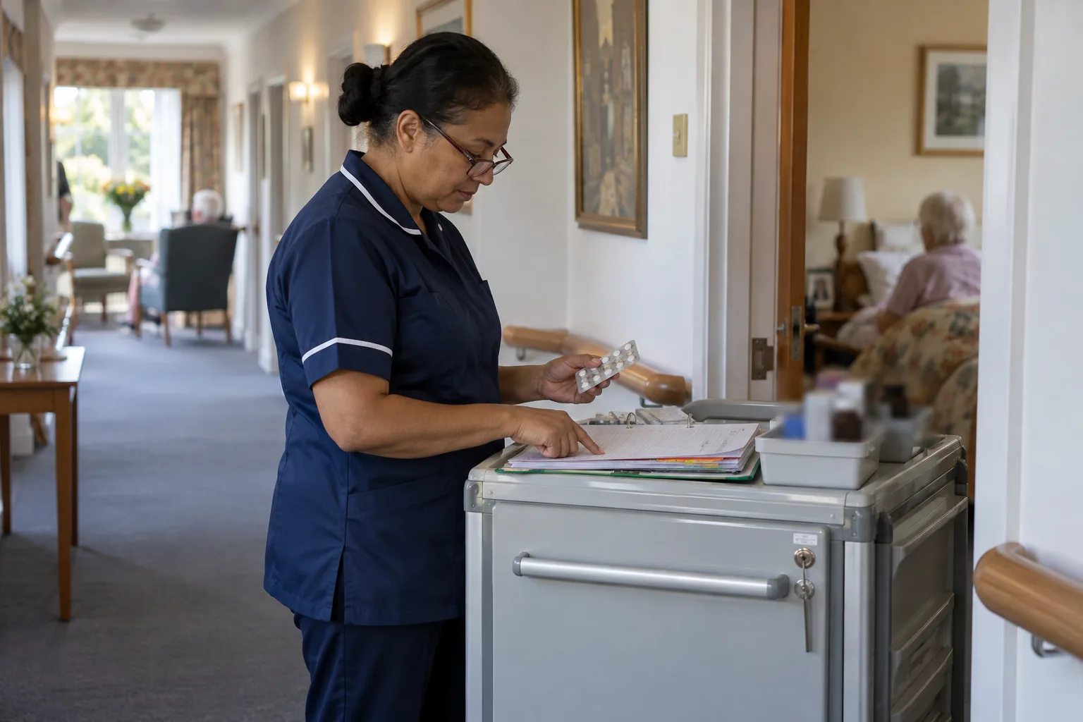 A senior carer at a medicines trolley in a care home corridor checks a printed chart against a blister pack before a morning round