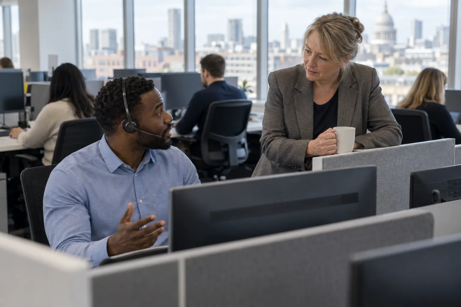 A duty social worker at a hot-desk in an open-plan council office, headset on, turning to a colleague