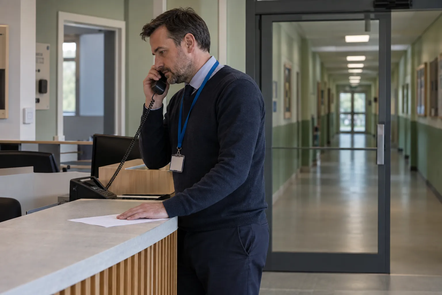 A designated safeguarding lead on the phone at a school reception desk, one hand on a printed referral form