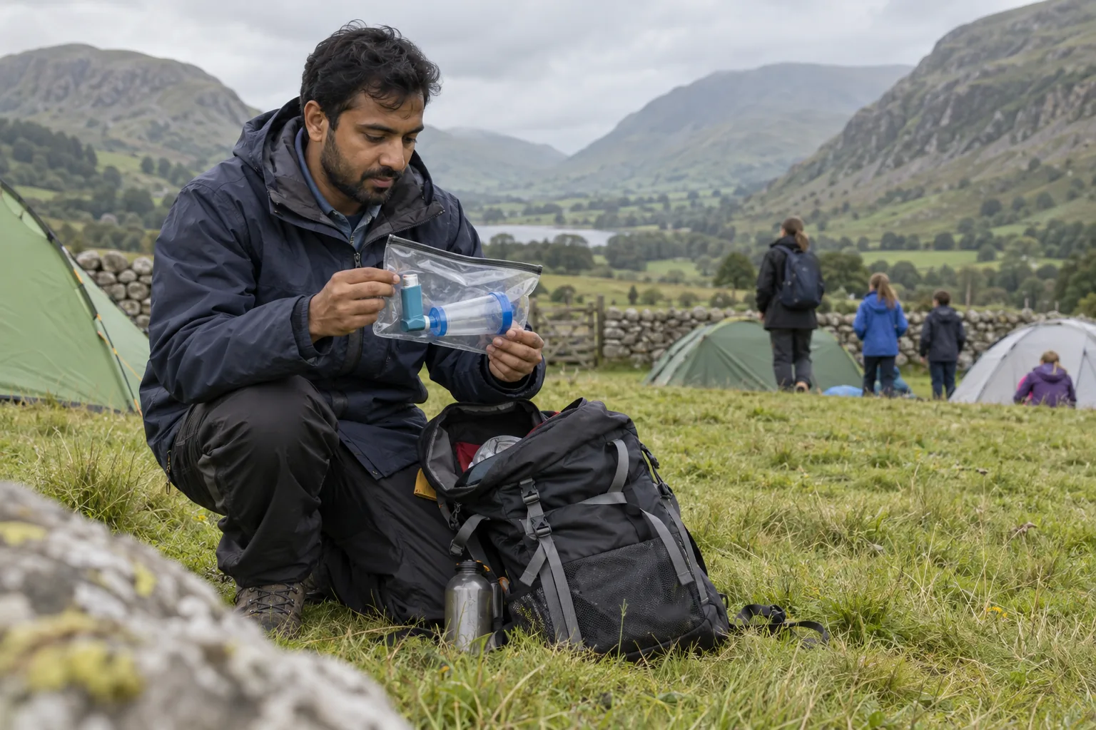 On a grassy field below fells on a school residential trip, a teacher in a waterproof jacket crouches by an open rucksack checking a clear pouch holding an inhaler and spacer, tents and pupils out of focus behind