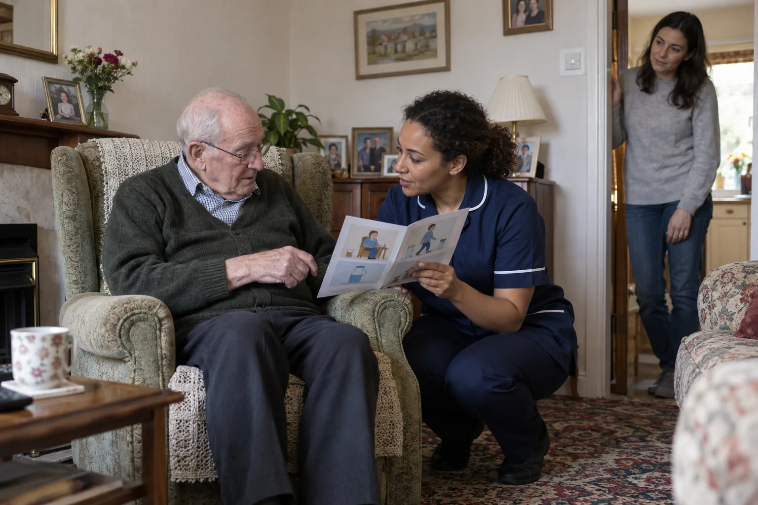 A community nurse crouches beside an older man in an armchair in his own living room, showing him a printed leaflet with pictures while his daughter listens from the doorway
