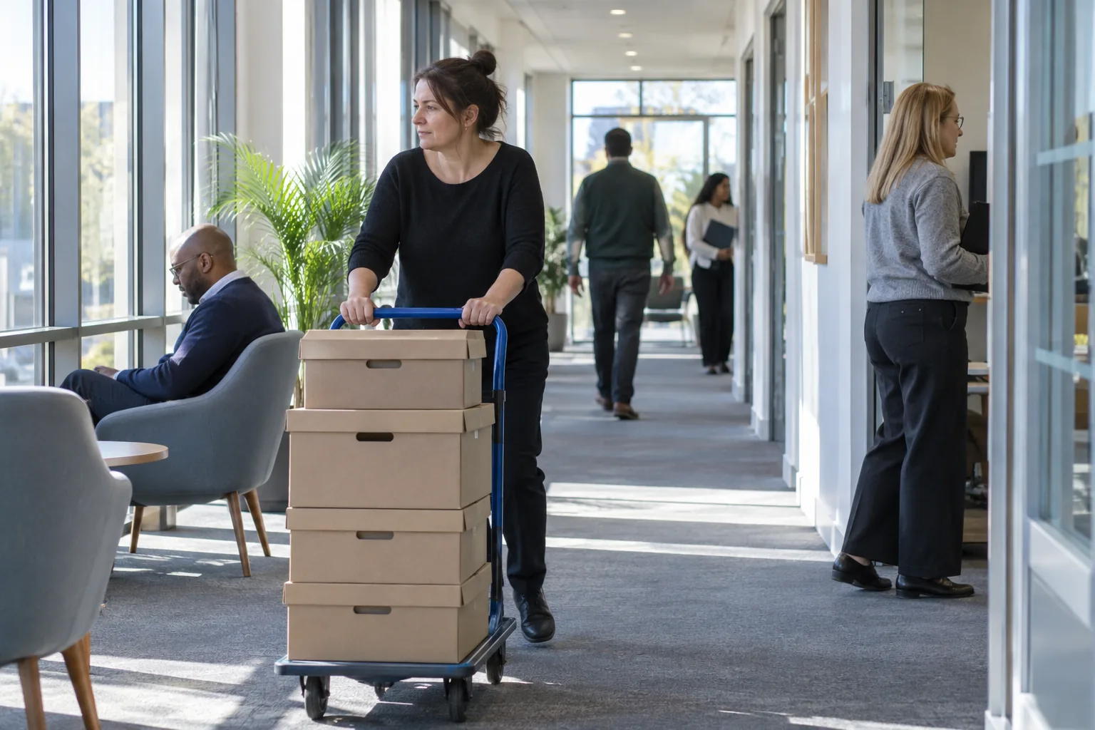 A records officer at a multi-academy trust’s central office wheels a trolley of archive boxes along a bright corridor, morning light through tall windows