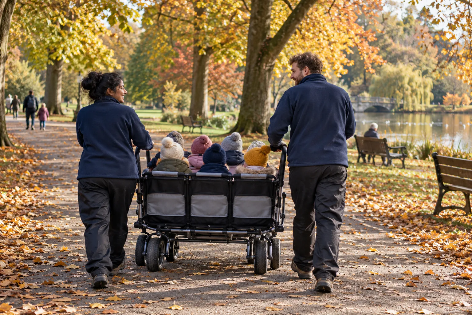 Two nursery practitioners push a multi-seat nursery buggy along a leafy park path on an autumn morning, the toddlers seen from behind in woolly hats