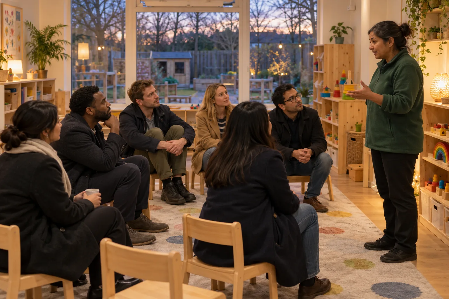 At a day nursery open evening, prospective parents sit on low child-sized chairs in a playroom listening to the nursery owner, who stands beside a low shelf of wooden toys