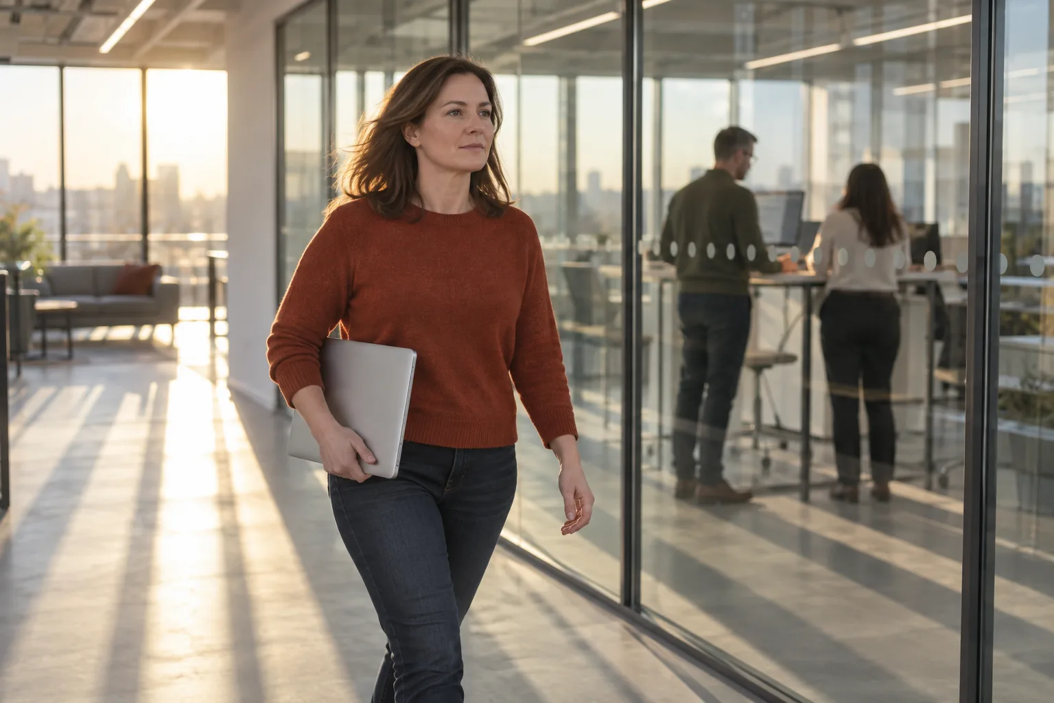 An IT lead walks through a glass-walled charity office carrying a closed laptop, late afternoon sun across the floor