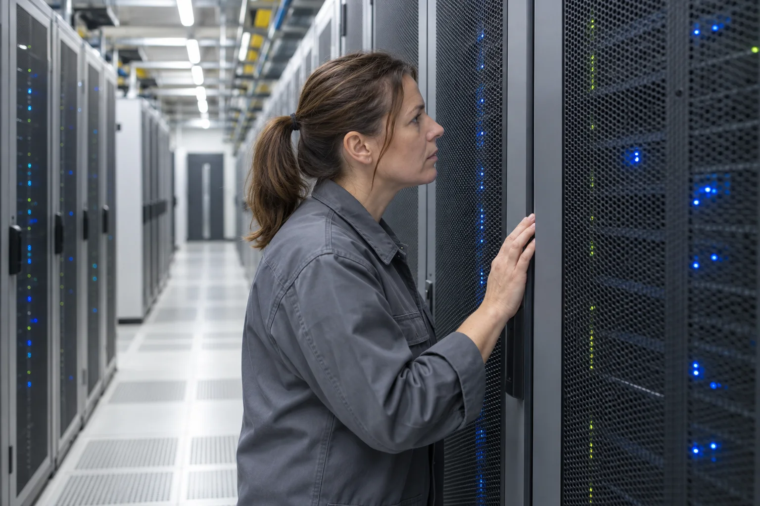 A technician inspecting a closed server cabinet in a bright equipment aisle.