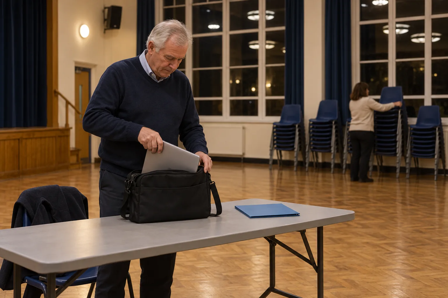 A clerk packs a laptop into a bag after a governors' meeting in an empty school hall, chairs stacked against the wall