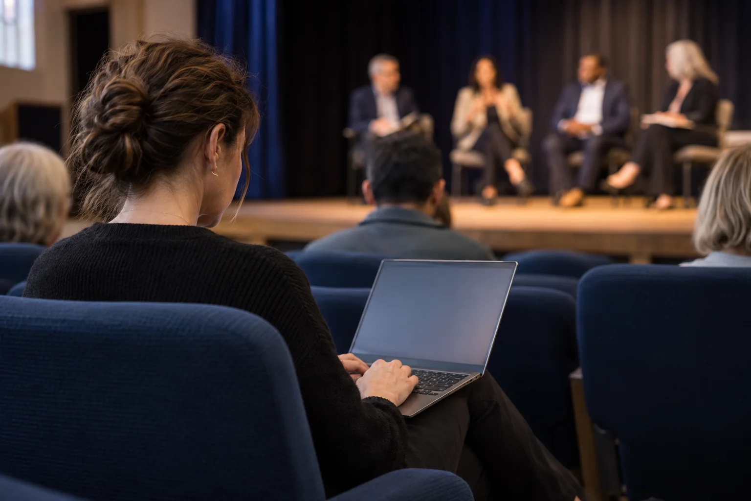 A meeting clerk taking minutes on a laptop in an auditorium