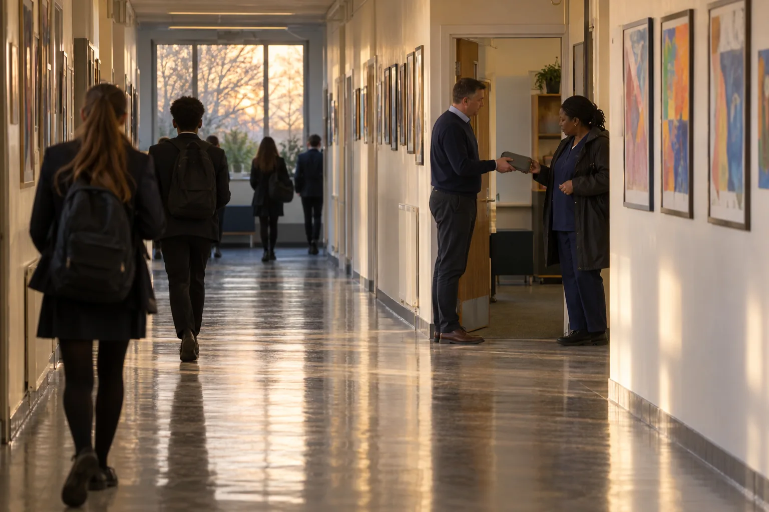 Down a school corridor at the end of the day, as students head for the far doors, a head of year hands a phone in a plain grey pouch to a mother at the door of the pastoral office