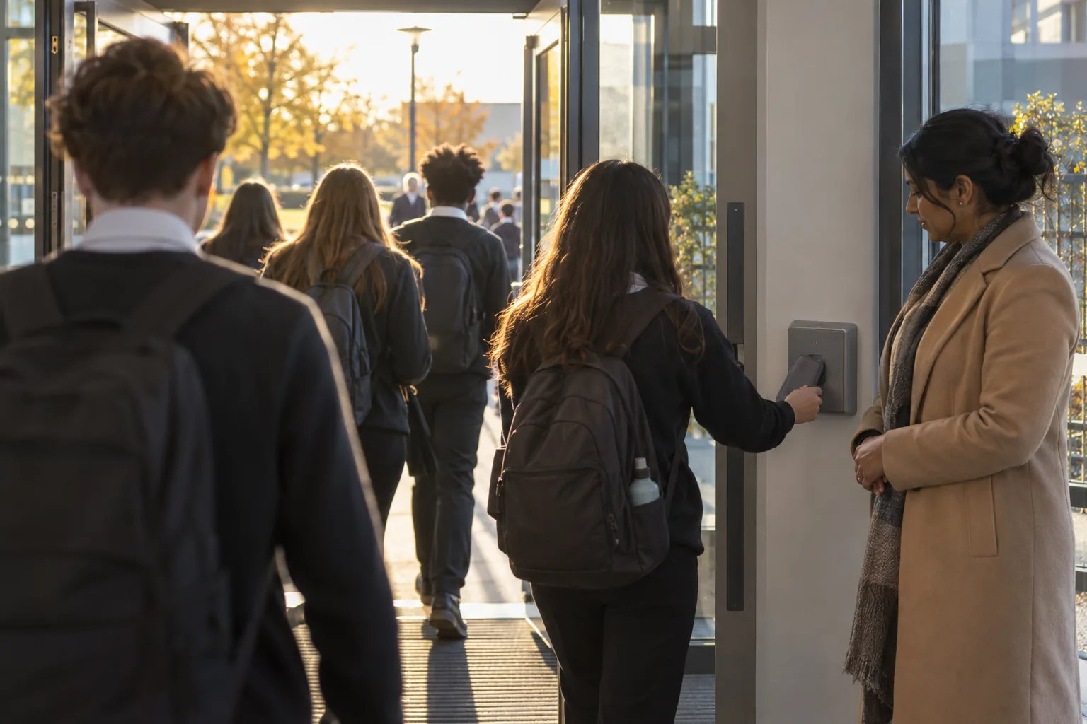 At the end of the school day a teacher on duty stands by the exit doors of a secondary school as students, seen from behind and out of focus, tap their grey phone pouches on an unlocking base on the way out