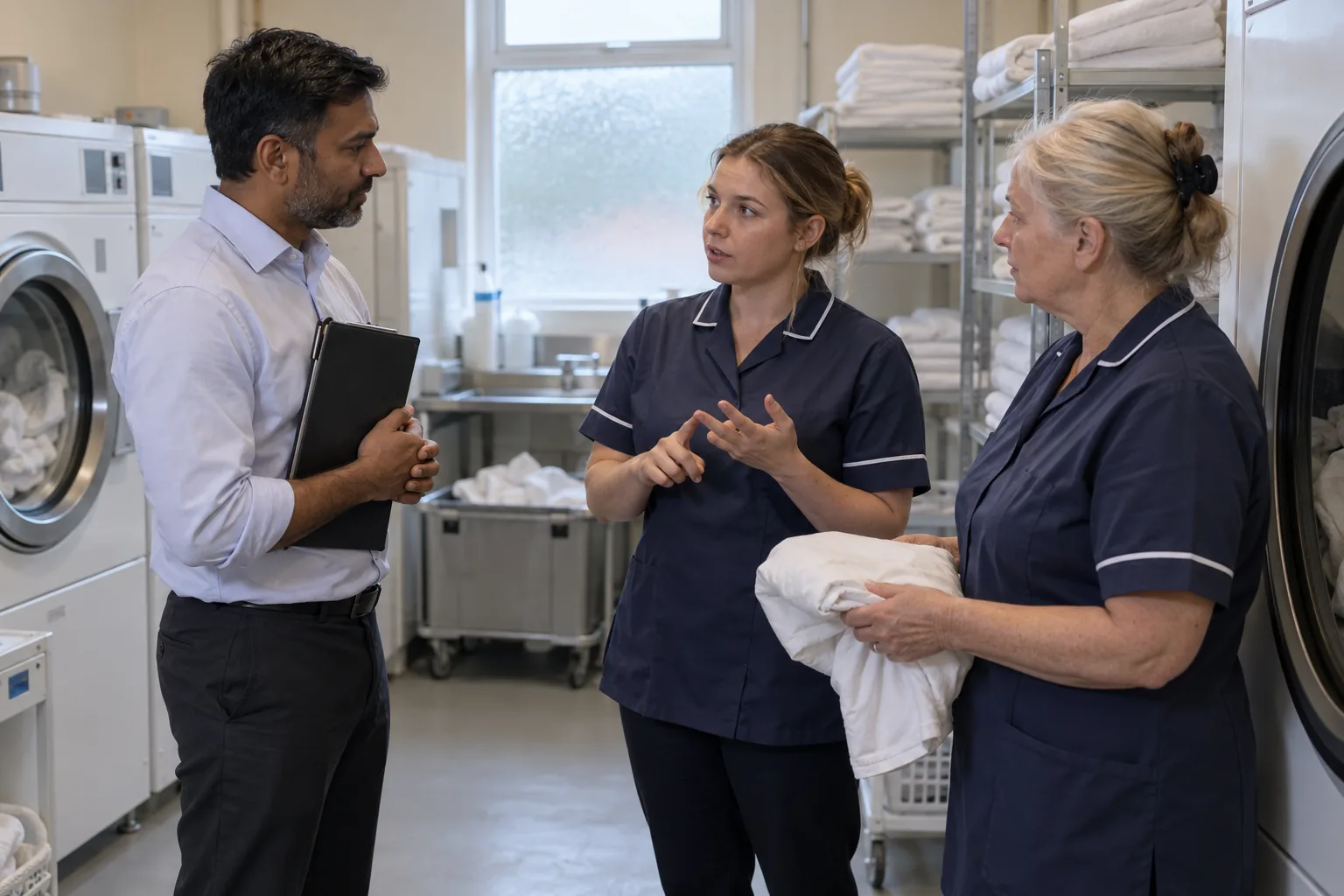 In a care home laundry room, a colleague playing the part of an inspector asks two care workers questions, one of them counting points on her fingers, folded towels stacked on the shelves behind them