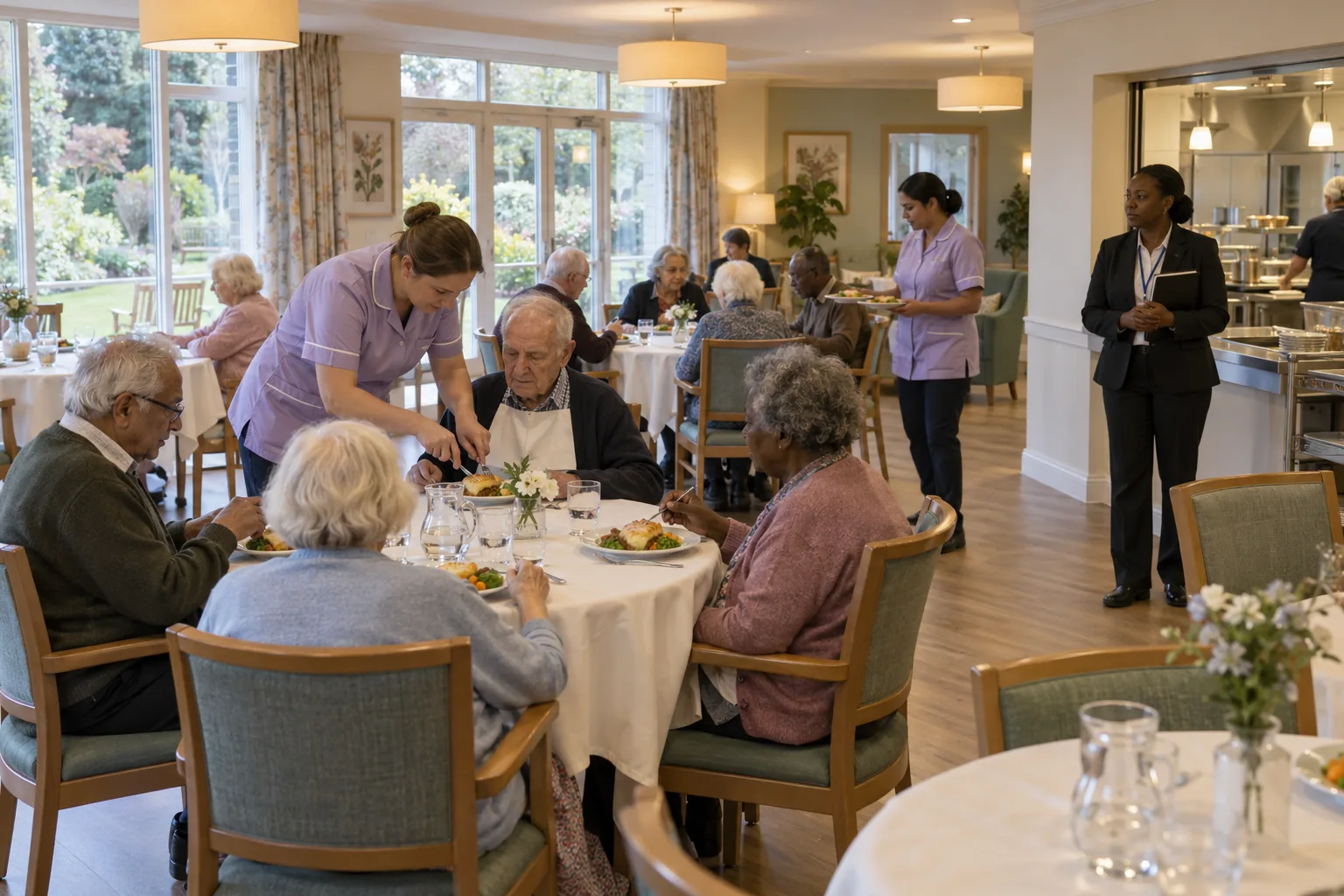 A quality lead from a care group’s head office stands quietly at the edge of a care home dining room at lunchtime, notepad in hand, as carers serve plates to residents seated at round tables