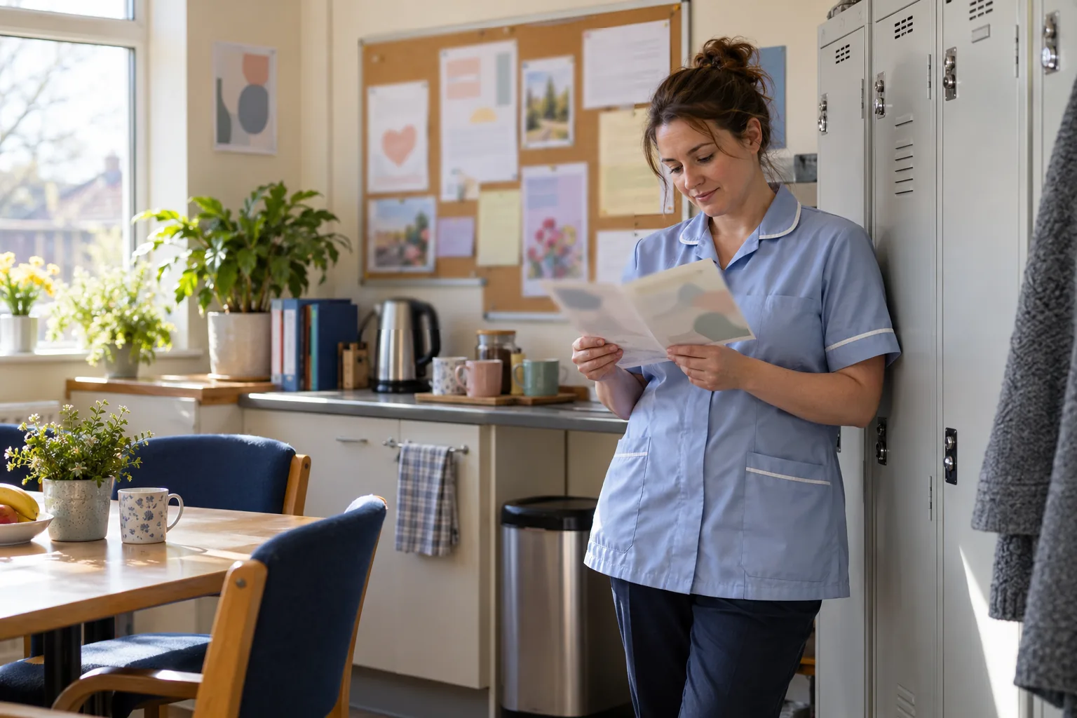 In a care home staff room on a bright afternoon, a carer in a plain tunic stands by a row of lockers reading a printed leaflet, a kettle and mugs on the counter beside her and a corkboard of pinned paper notices, blurred and unreadable, on the wall behind