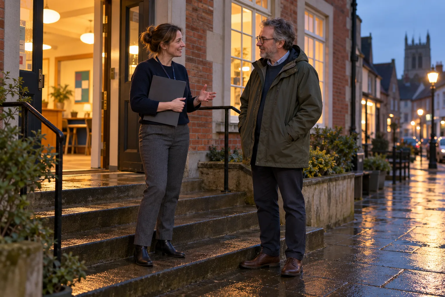 Outside a small charity's community building in an English market town at dusk, an operations manager and a trustee in a raincoat talk on the front steps, one holding a closed folder, with wet pavement and lit windows behind them