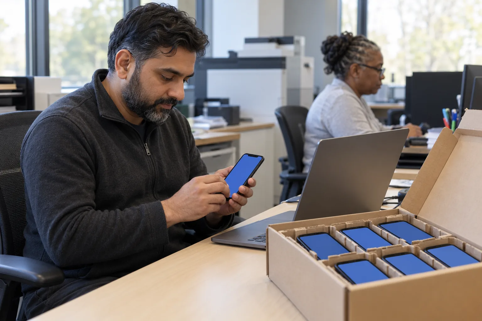 A school trust IT technician sets up a new staff smartphone from a box of identical handsets