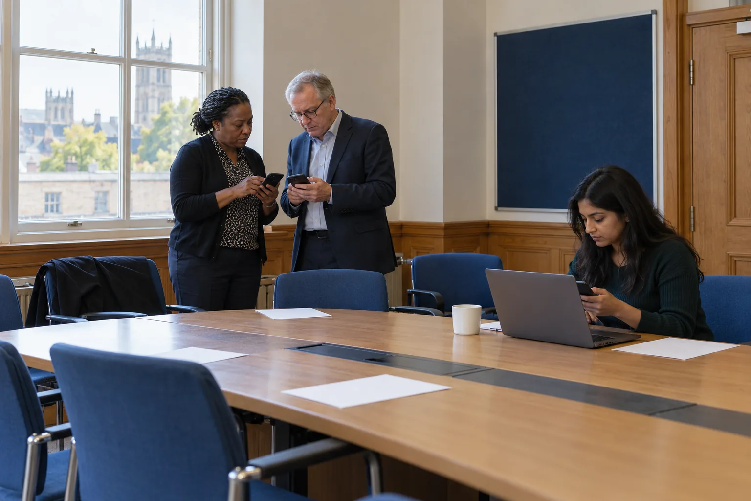 After a council committee meeting two officers compare their phones while a third copies a message into a laptop