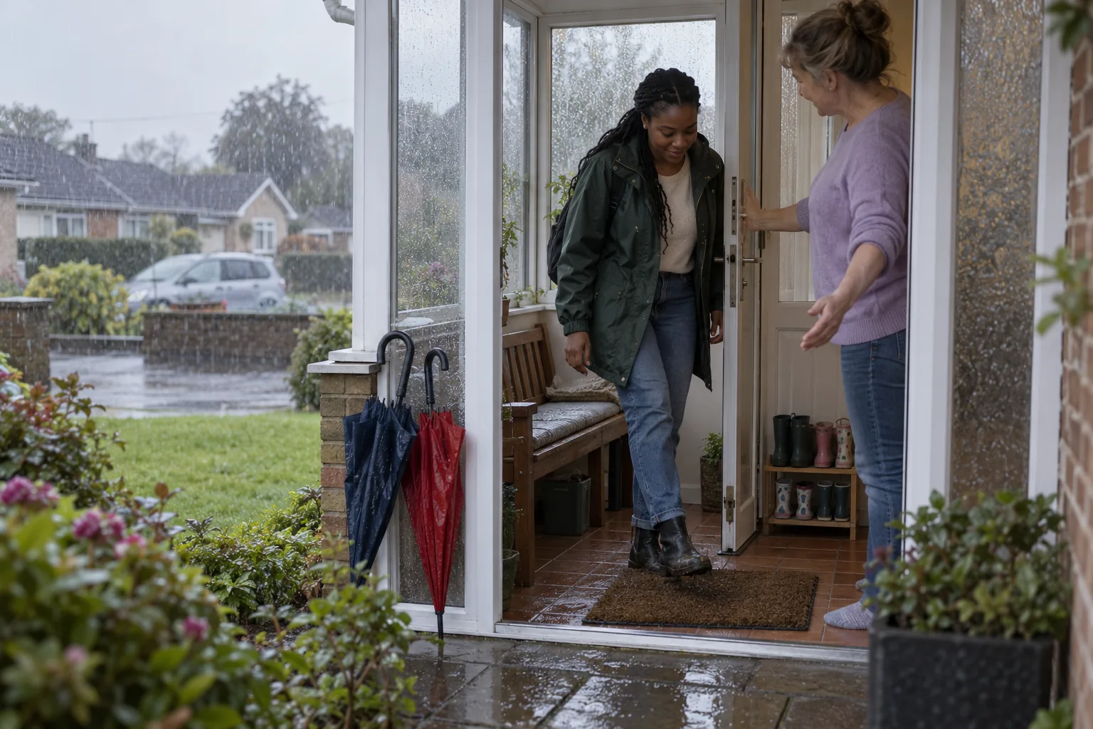 A childminder welcomes a new assistant at the porch of her bungalow on a rainy morning, two dripping umbrellas propped against the porch wall