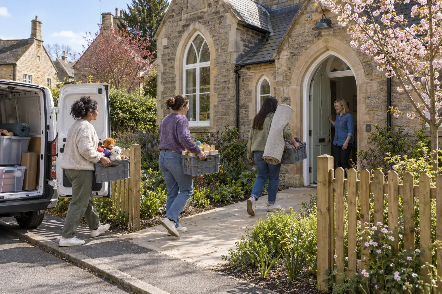 On moving day, nursery staff carry crates of toys up the path into the nursery’s new premises in a converted Victorian village school on a bright spring morning, the owner holding the door